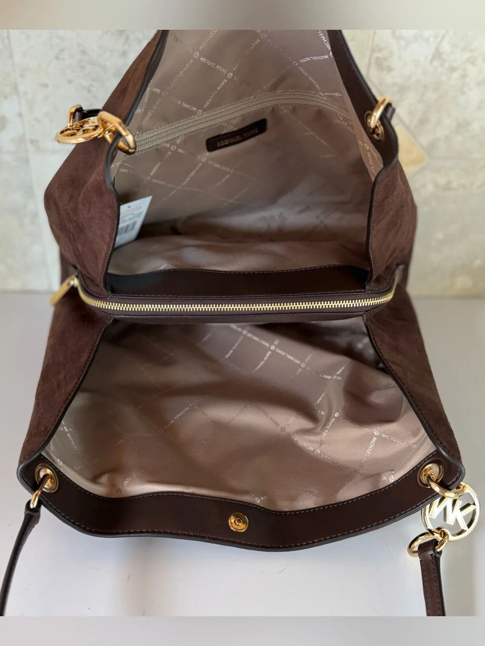 Michael Kors Christina LG MK Logo Chain Shoulder Tote Bag Dark Brown